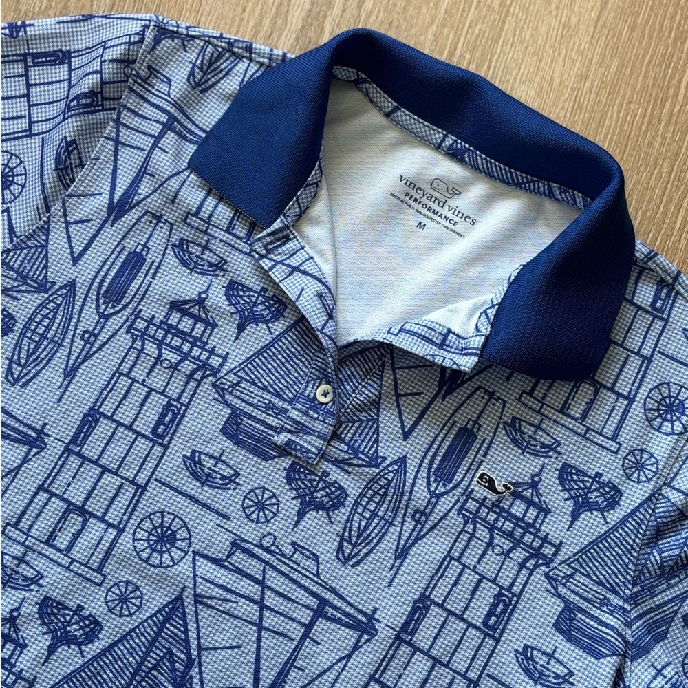 Vineyard Vines Blue Nautical Pattern Print Golf Performance Polo Women M